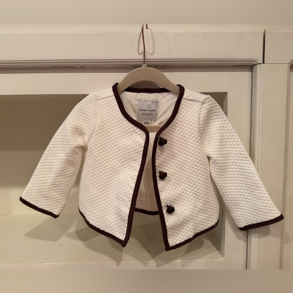 Janie and Jack Cream Quilted Jacket with Brown Trim